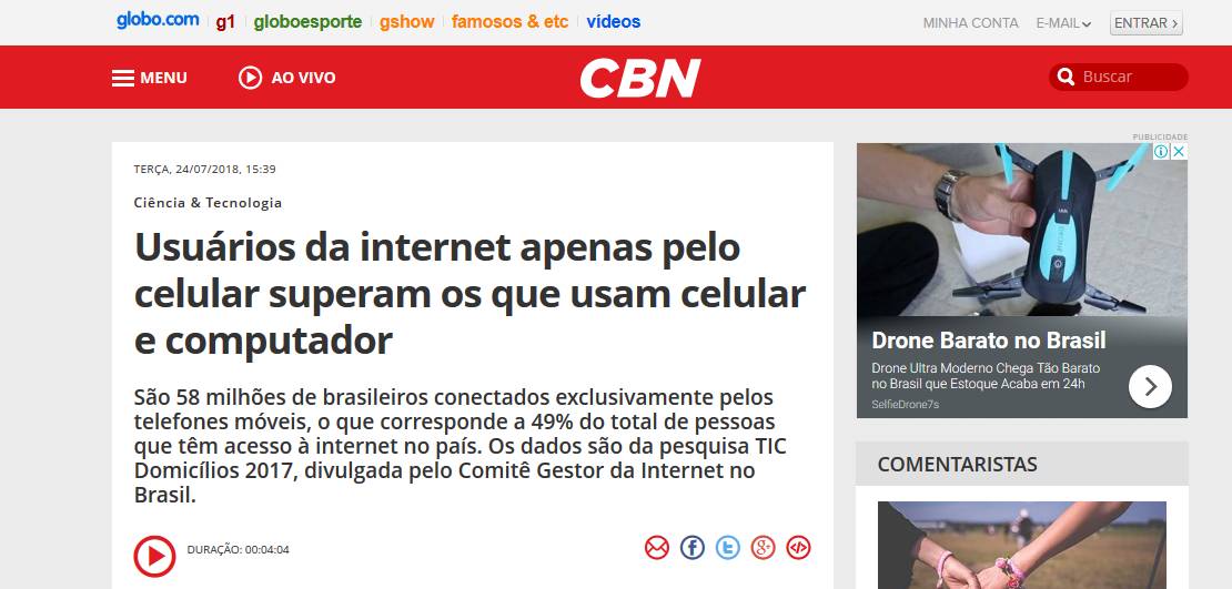 NIC br Na Mídia Usuários da internet apenas pelo celular superam os