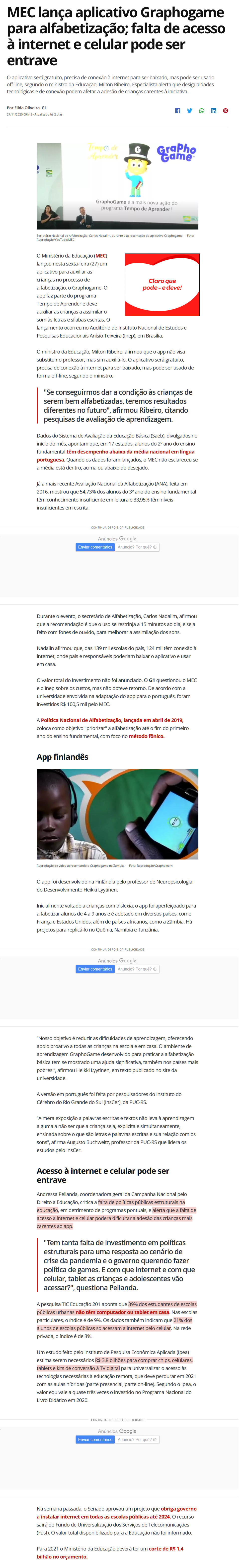 MEC lança aplicativo Graphogame para alfabetização; falta de acesso à  internet e celular pode ser entrave, Educação