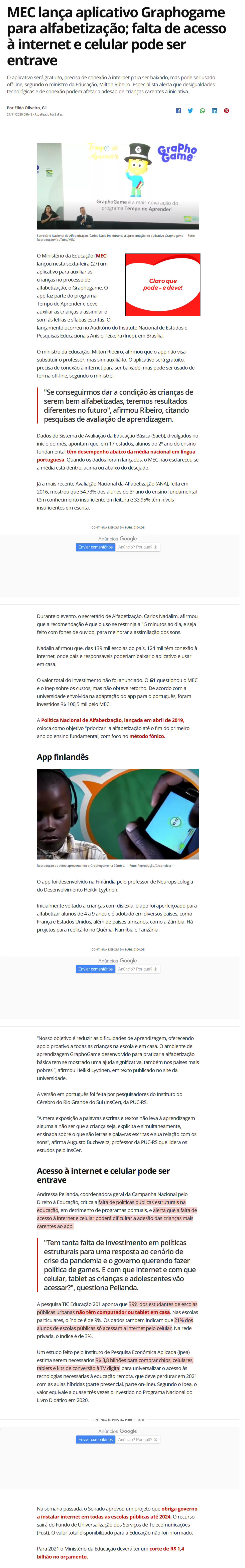 Ministério da Educação - MEC - IMPORTANTE! Chegou a nova atualização do  GraphoGame Brasil para a versão Android, IOS e Microsoft. O aplicativo é  uma iniciativa do Ministério da Educação (MEC) em