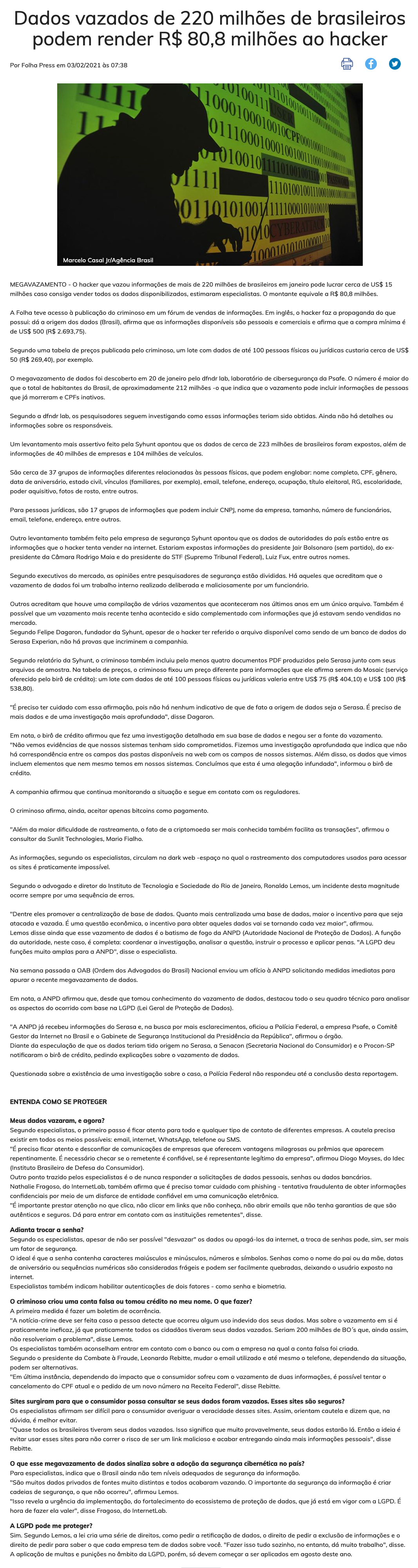 NIC.br - Na Mídia - Dados vazados podem render R$ 80,8 milhões ao criminoso