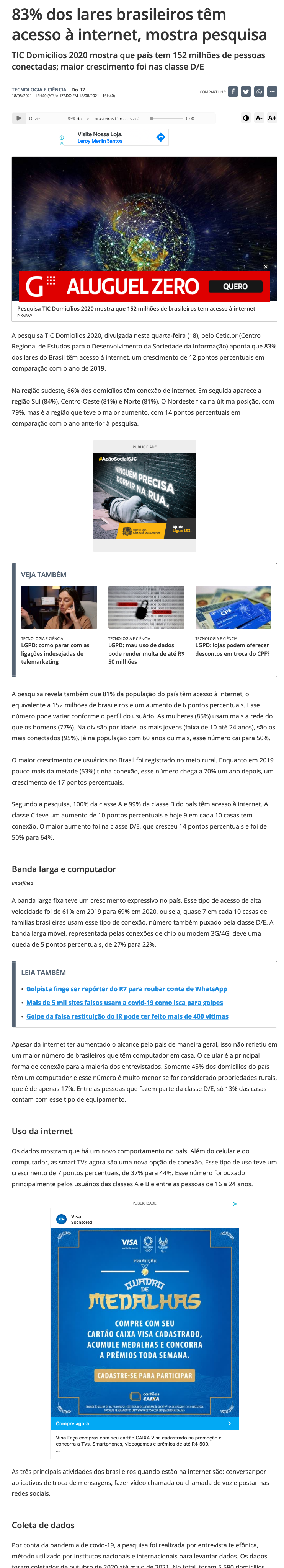 Cerca de 84% dos lares brasileiros têm acesso à internet, diz pesquisa