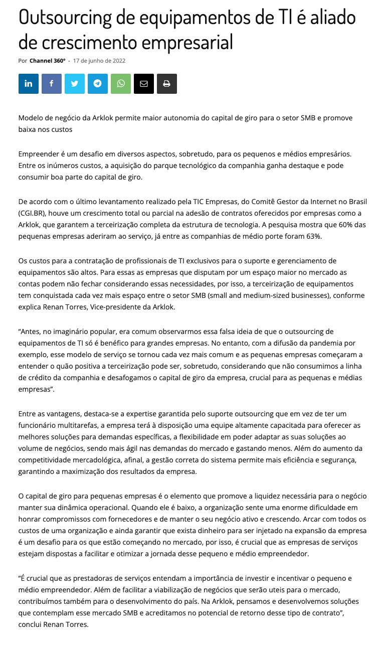  - Na Mídia - Outsourcing de equipamentos de TI é aliado de  crescimento empresarial