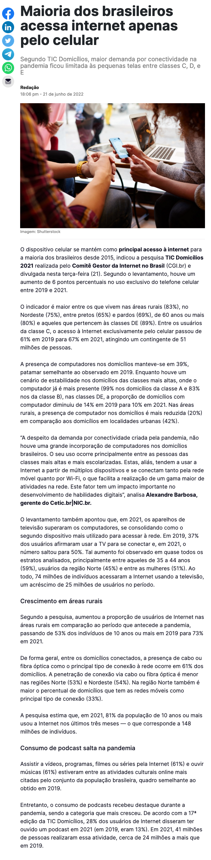 98,9% dos brasileiros acessam internet pelo celular