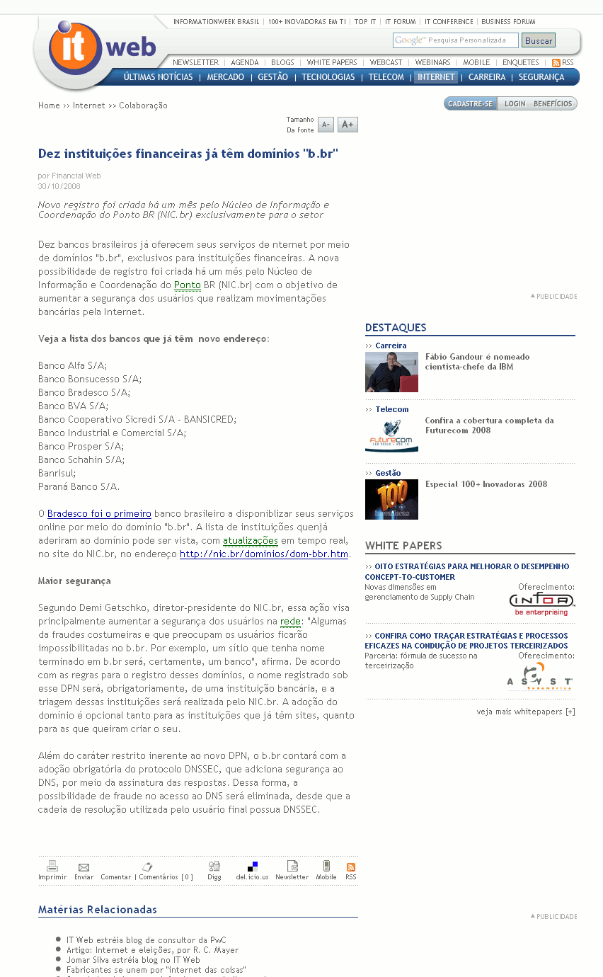 NIC.br - Na Mídia - Dez Instituições Financeiras Já Têm Domínios "b.br"